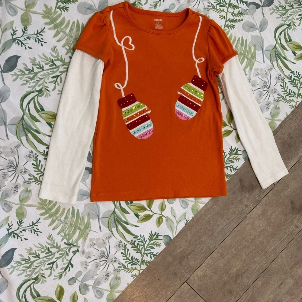 Gymboree Girls Winter Mitten Graphic Cotton Long Sleeve Shirt Jewel Accents sz 9